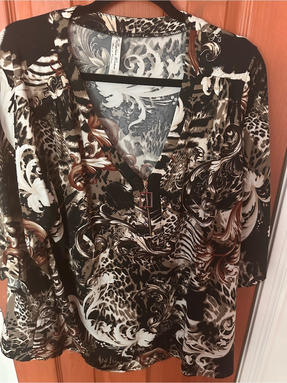 Women’s Leopard/Floral Printed V-Neck Blouse with Zipper